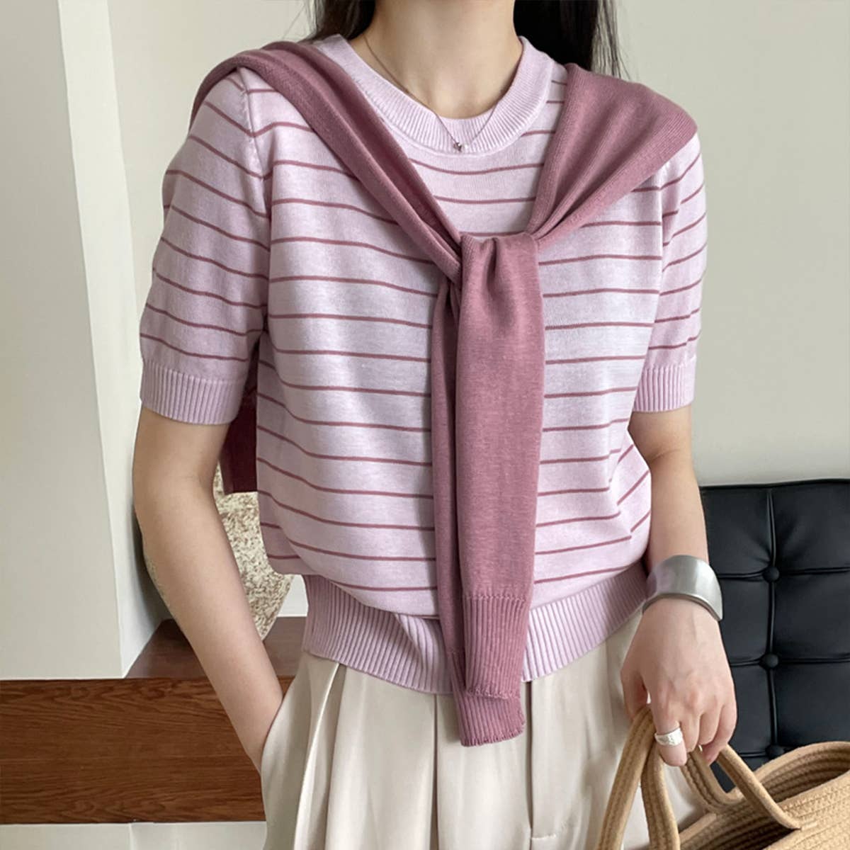 Literary cape striped knitted blouse two-piece set