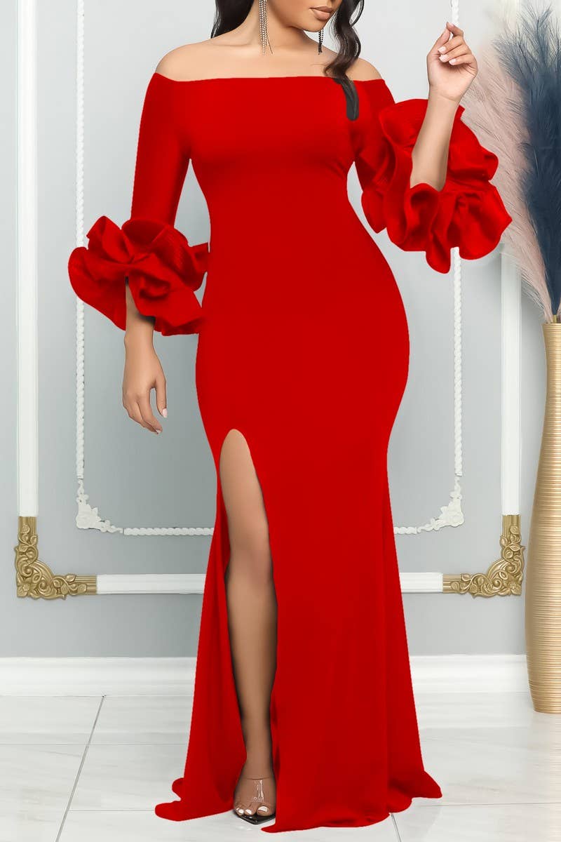 CWDMD1729_ONE SHOULDER SLIT RUFFLE SLEEVE EVENING MAXI DRESS