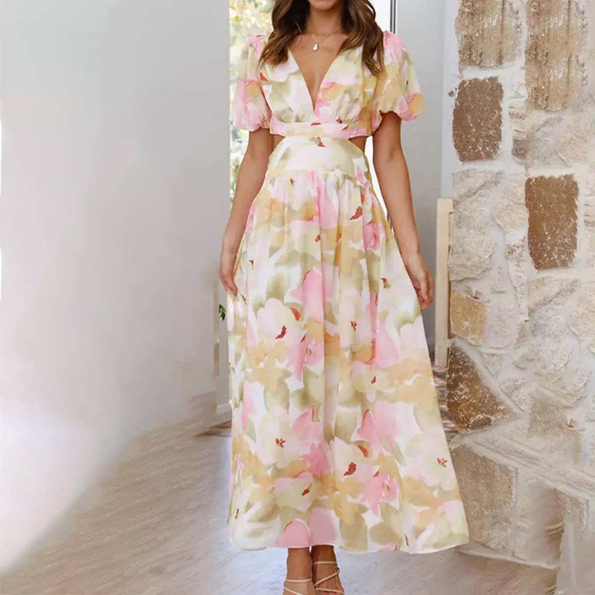 Sexy slim waist hollow V-neck print long swing dress