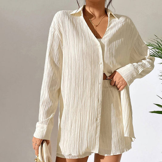 Pleated V-neck texture suit for women