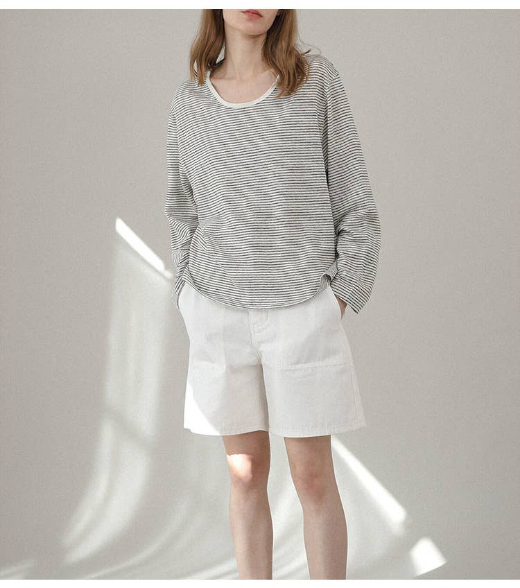 LONG SLEEVE LOOSE COTTON LINEN STRIPED T-SHIRT