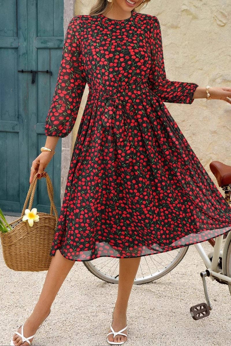 CWDMD5339_HOLIDAY CASUAL STYLE FLORAL TIE WAIST DRESS