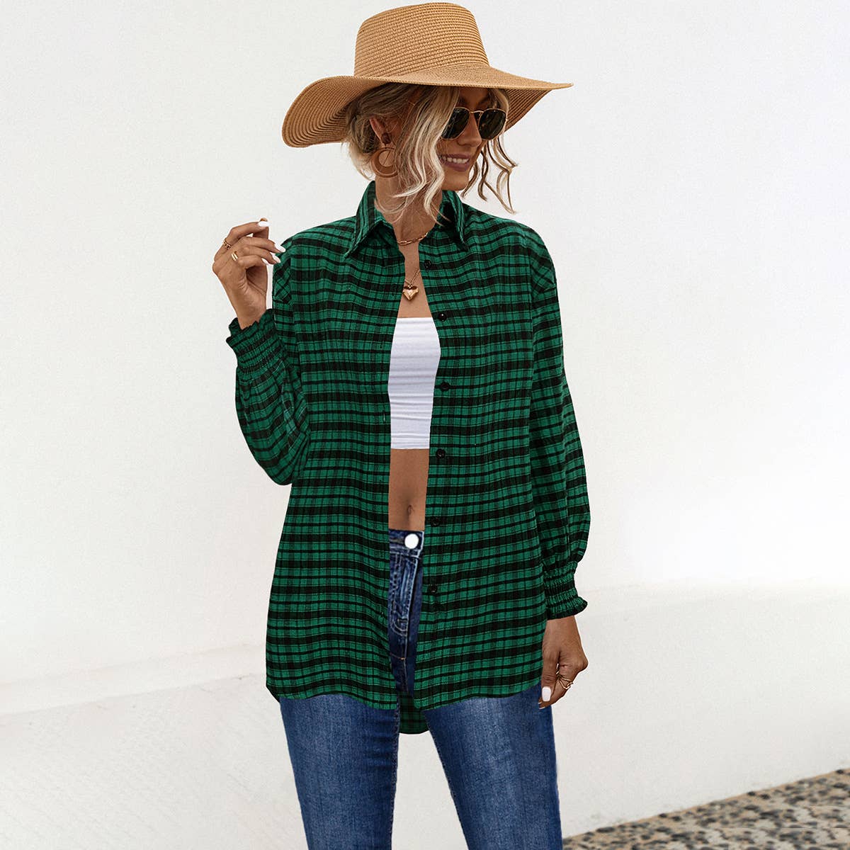 Temperament loose puffed sleeve plaid shirt
