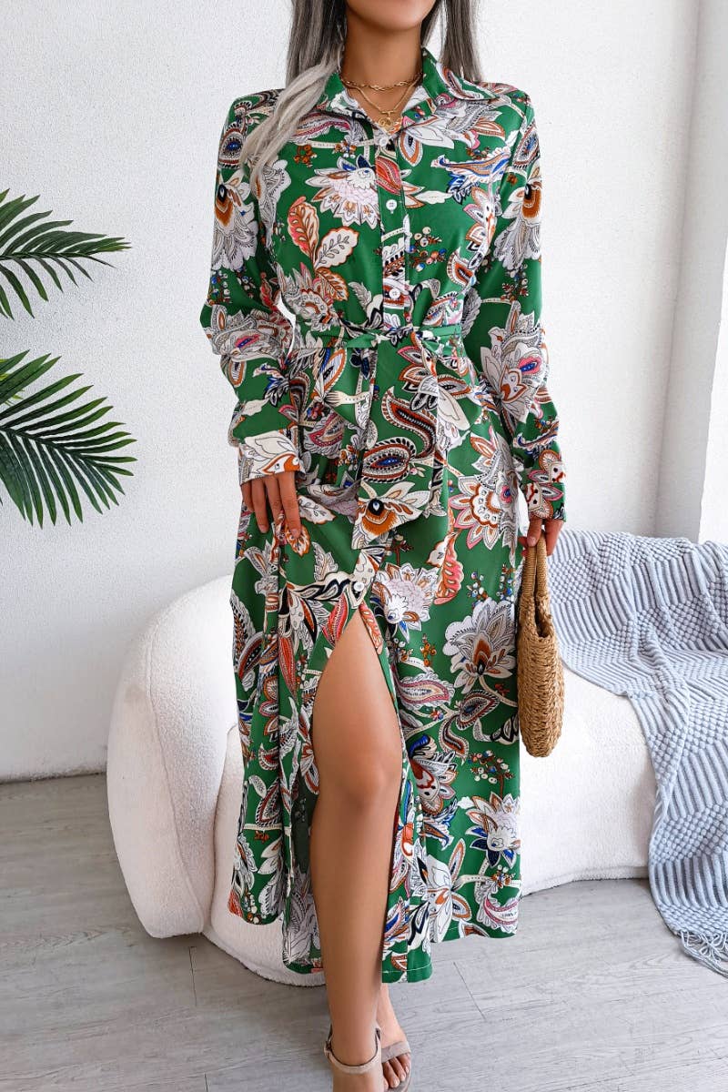 CWDMD2651_VINTAGE FLORAL LAPEL LACE-UP SHIRT LONG DRESS