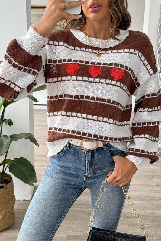 CWOSWL07407_WOMEN STRIPED COLORBLOCK HEART SWEATER