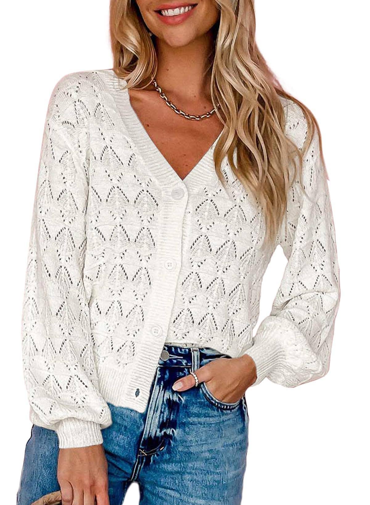 LONG SLEEVE CROCHET V-NECK CARDIGAN