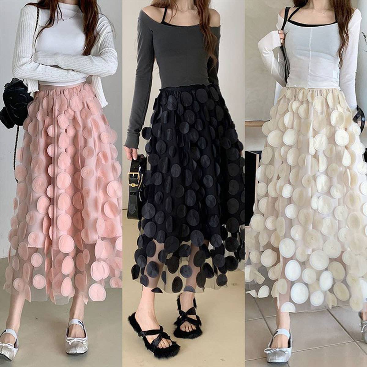 THREE-DIMENSIONAL FLORAL TULLE MESH SKIRT
