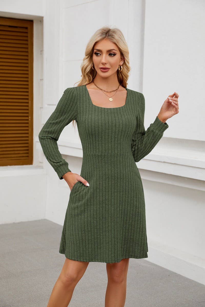 CWDSD8812_SQUARE NECK POCKET KNIT LONG SLEEVE CASUAL DRESS