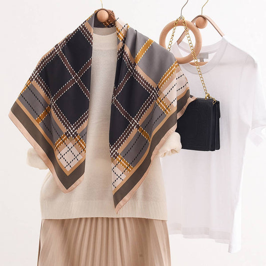 CWASC2406_DARK PLAID SQUARE SCARF BLACK AND GOLD SILK SCARF