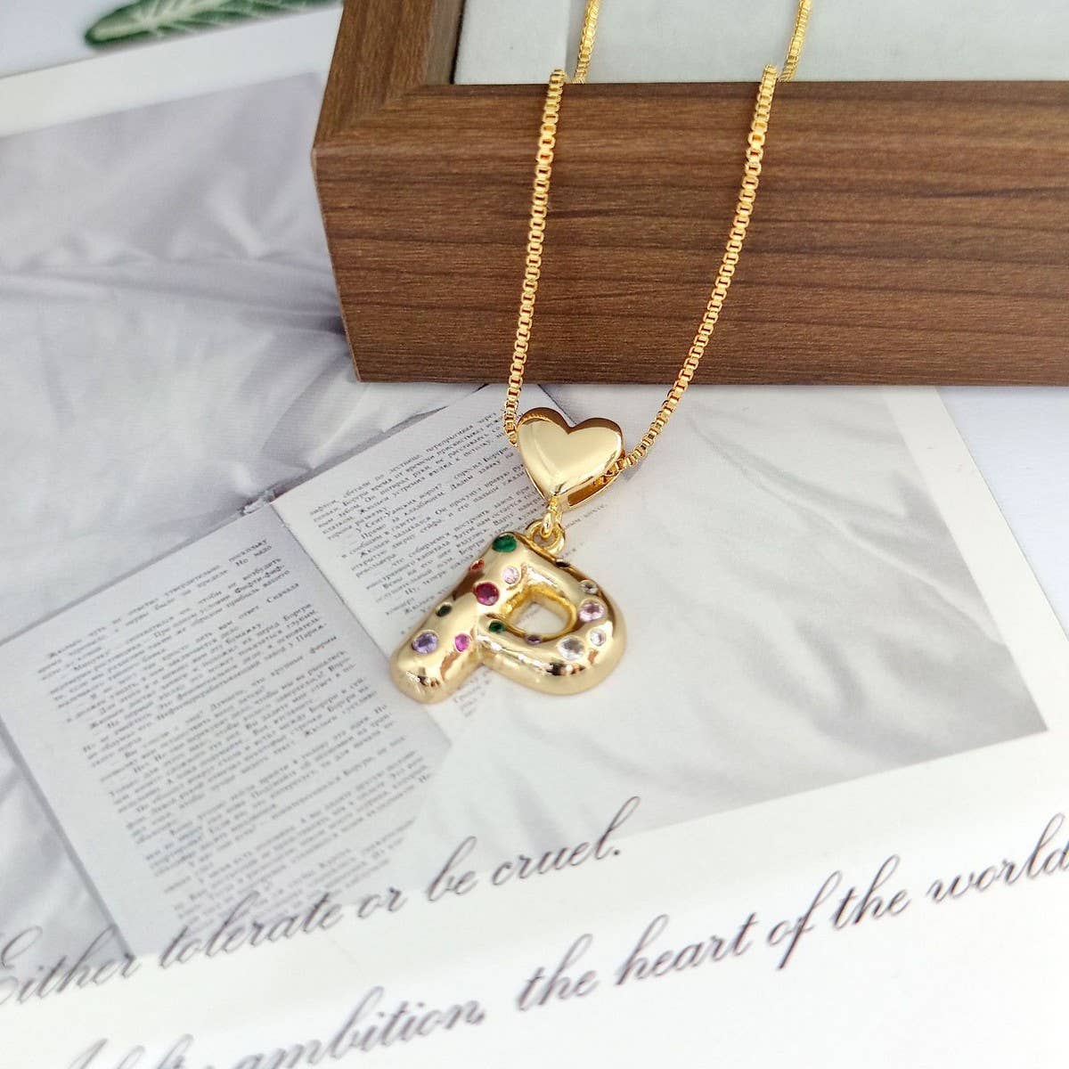 Colorful Zirconia Heart Letter Pendant Necklace