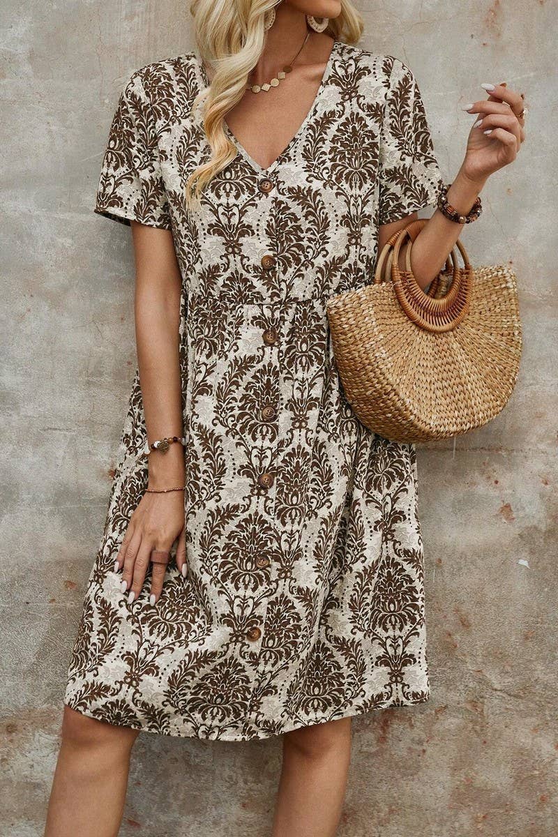 CWDSD7522_SUMMER FASHION PRINTED V-NECK LOOSE DRESS