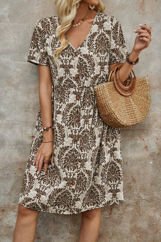 CWDSD7522_SUMMER FASHION PRINTED V-NECK LOOSE DRESS