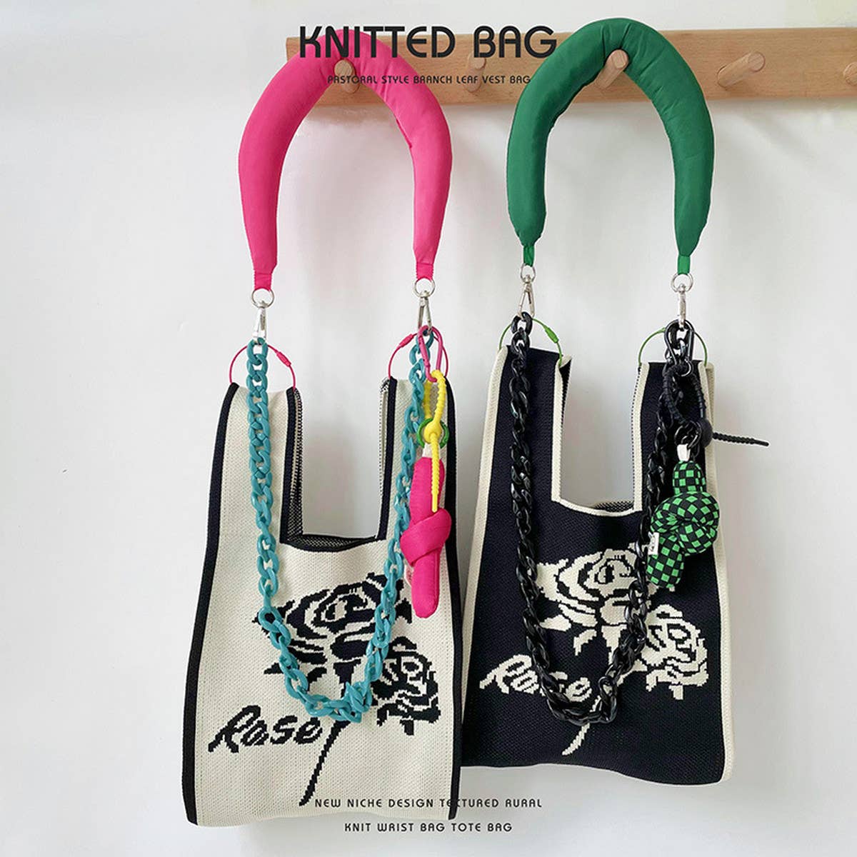 BLACK AND WHITE ROSE KNITTED SHOULDER TOTE BAG_CWAB1518