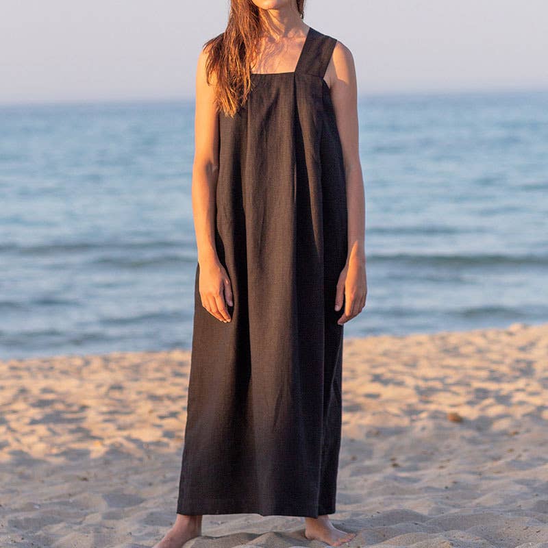 LOOSE LINEN SQUARE COLLAR SUSPENDERS DRESS