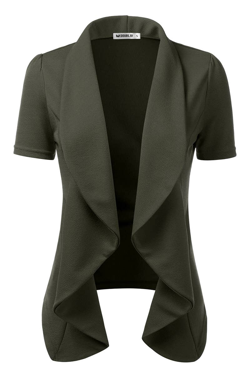 CWOBL095-P_Short Sleeve Open Front Draped Ruffles Blouses