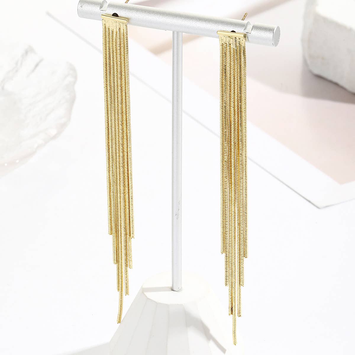 RHINESTONE DECOR METAL TASSEL DROP EARRINGS