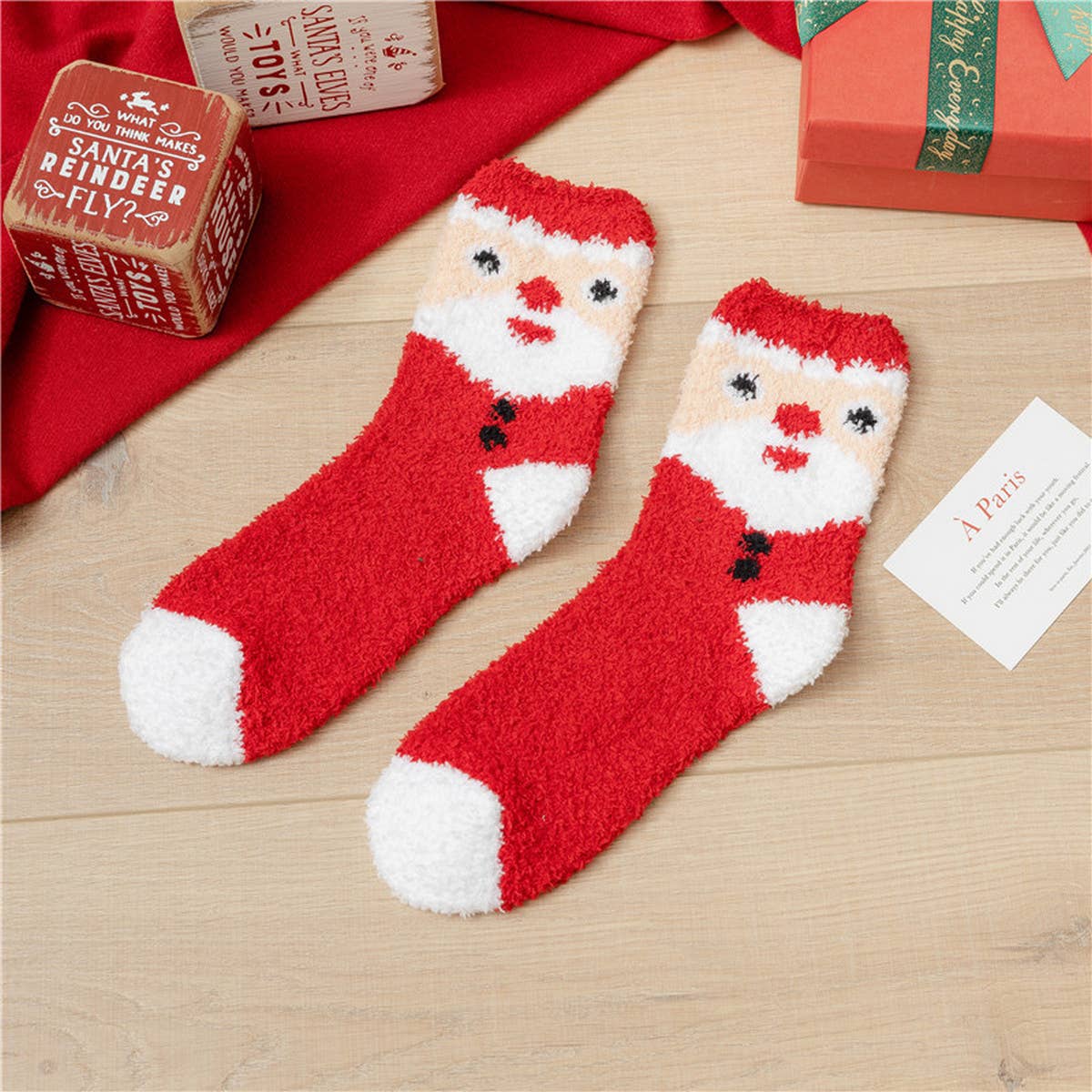 SANTA CLAUS ELK CORAL VELVET SOCKS