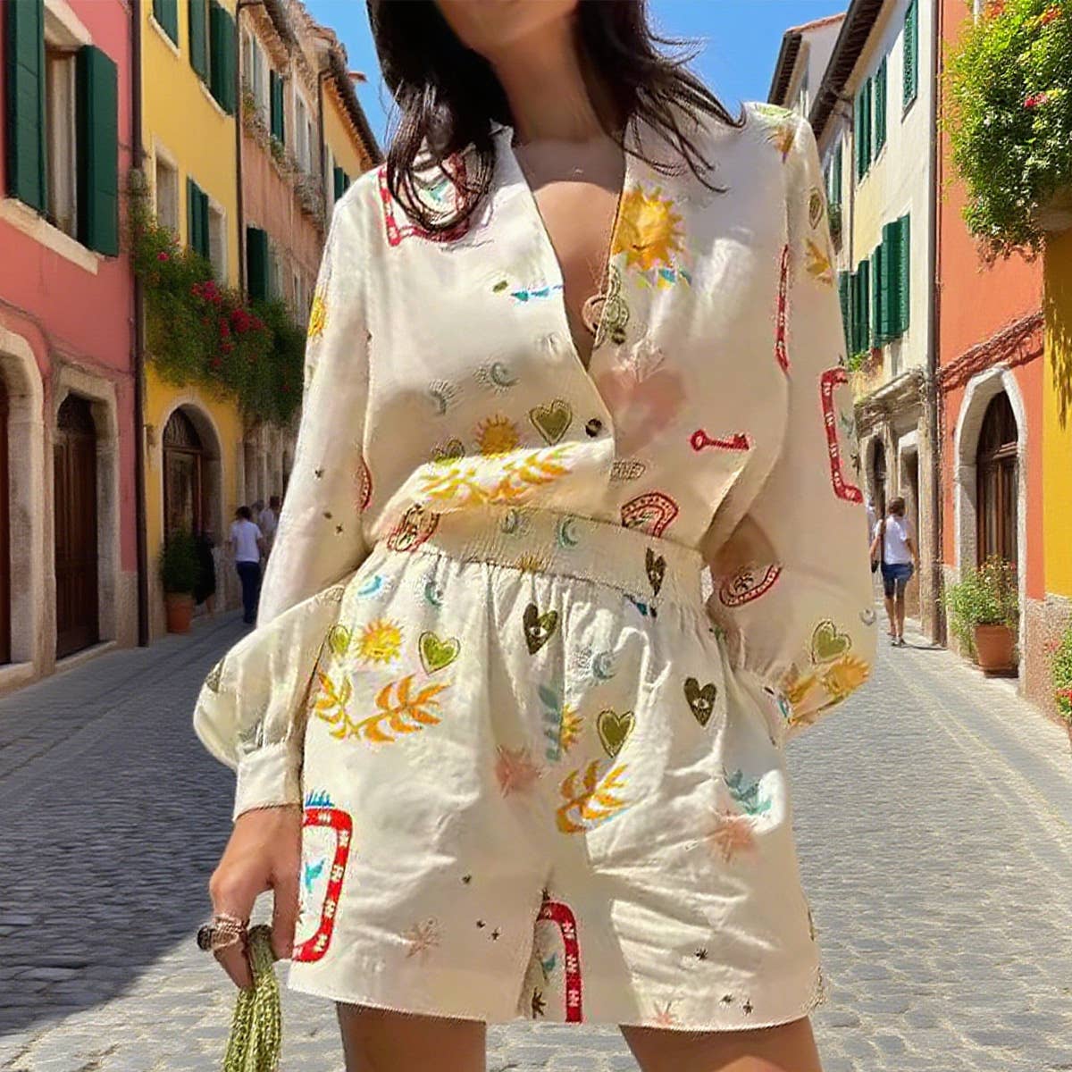 Fashionable printed casual shirt and shorts set
