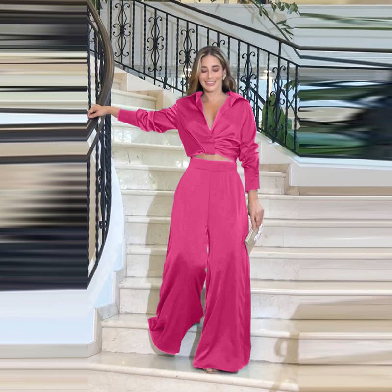 SEXY PLEATED LONG SLEEVE WIDE LEG PANTS SUIT