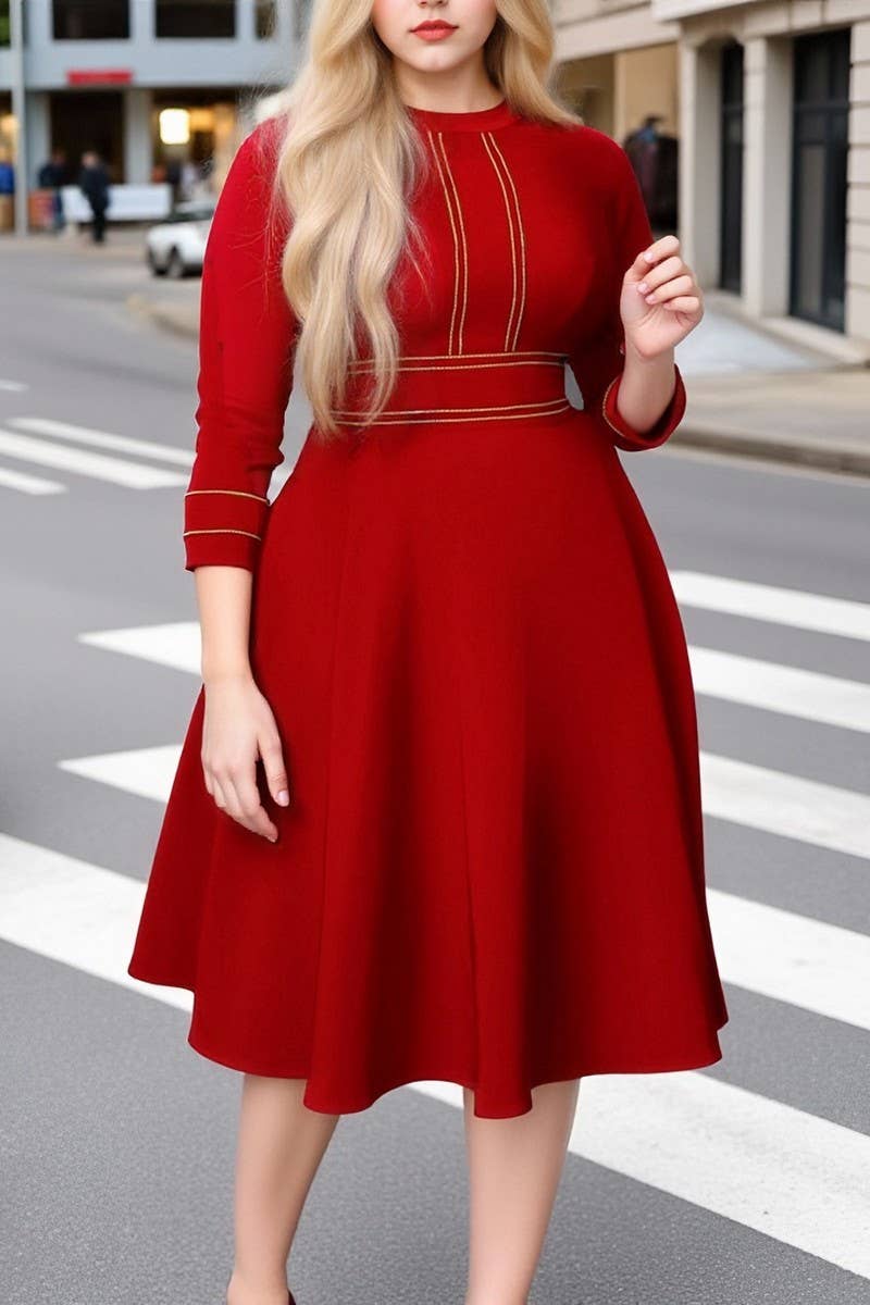 CWDMD01257_PLUS SIZE WOMEN STAND COLLAR PARTY SWING DRESS