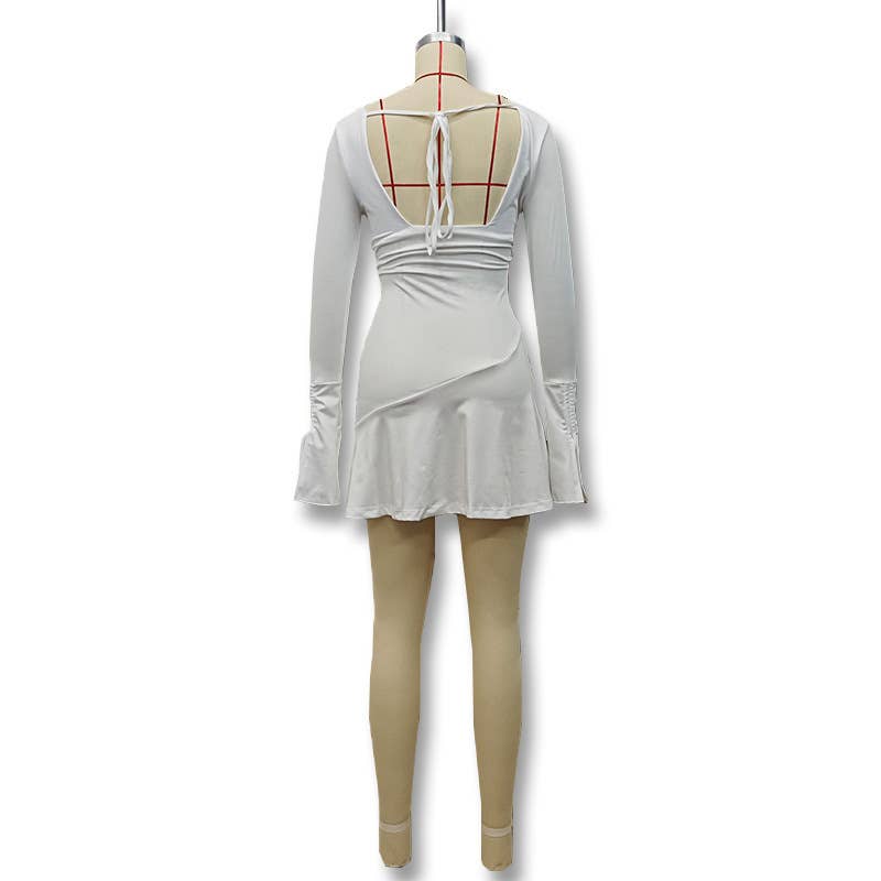 Solid color deep V drawstring pleated dress