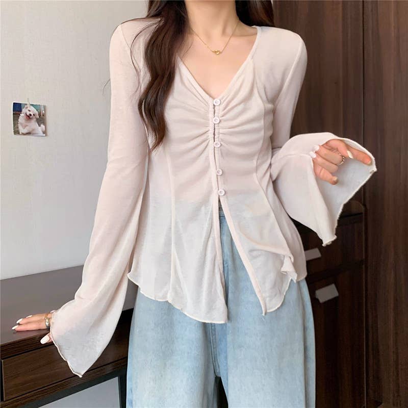 V-neck single breasted semi-transparent shirt