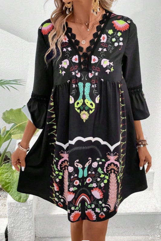 CWDSD4861_SUMMER CASUAL V-NECK LACE PATCHWORK PRINT DRESS