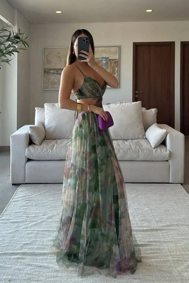 CWDMD01003_MESH PRINTED SUSPENDER CASUAL PARTY DRESS