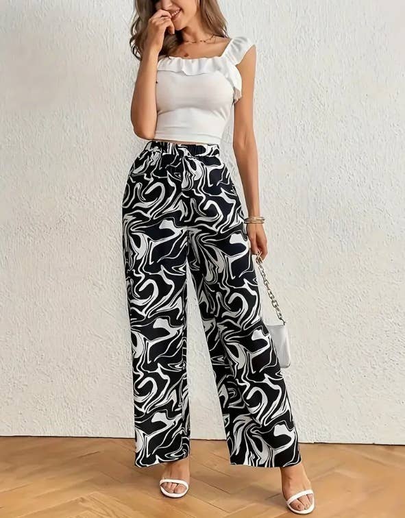 ELASTIC HIGH-WAISTED CASUAL PRINTED TROUSERS