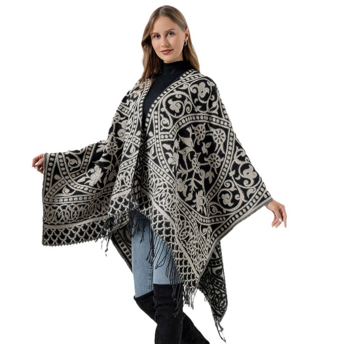 WARM FAUX CASHMERE TASSEL SCARF CAPE SHAWL