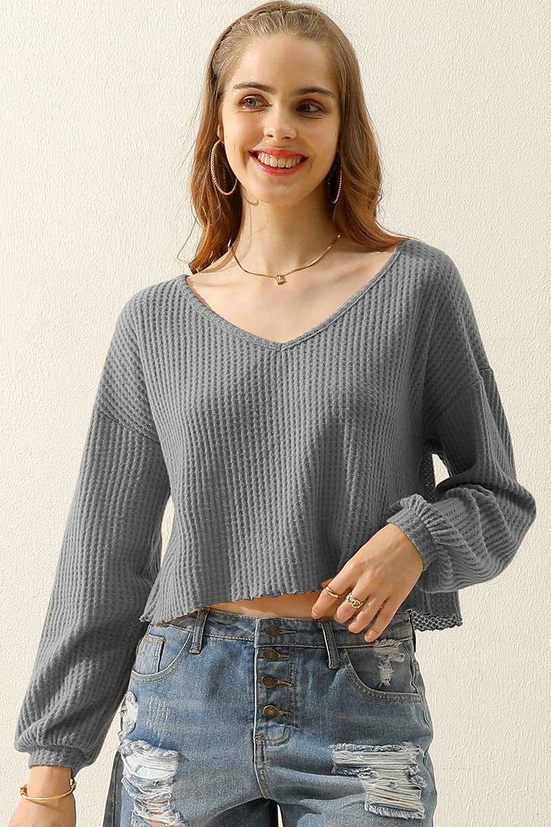 WOMEN V NECK LOOSE LONG SLEEVE BLOUSE_CWTTL1430