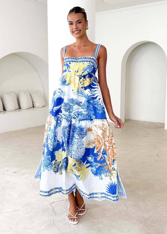 Vacation style long printed halter dress
