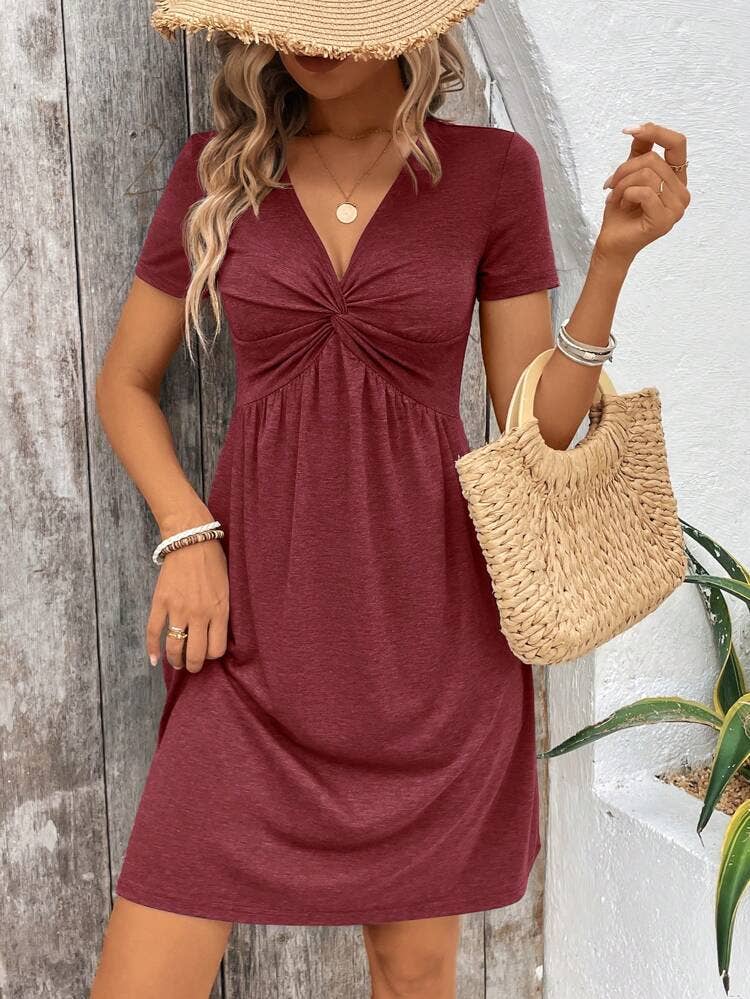 Twisted pleated chest cinched waist V-neck dress