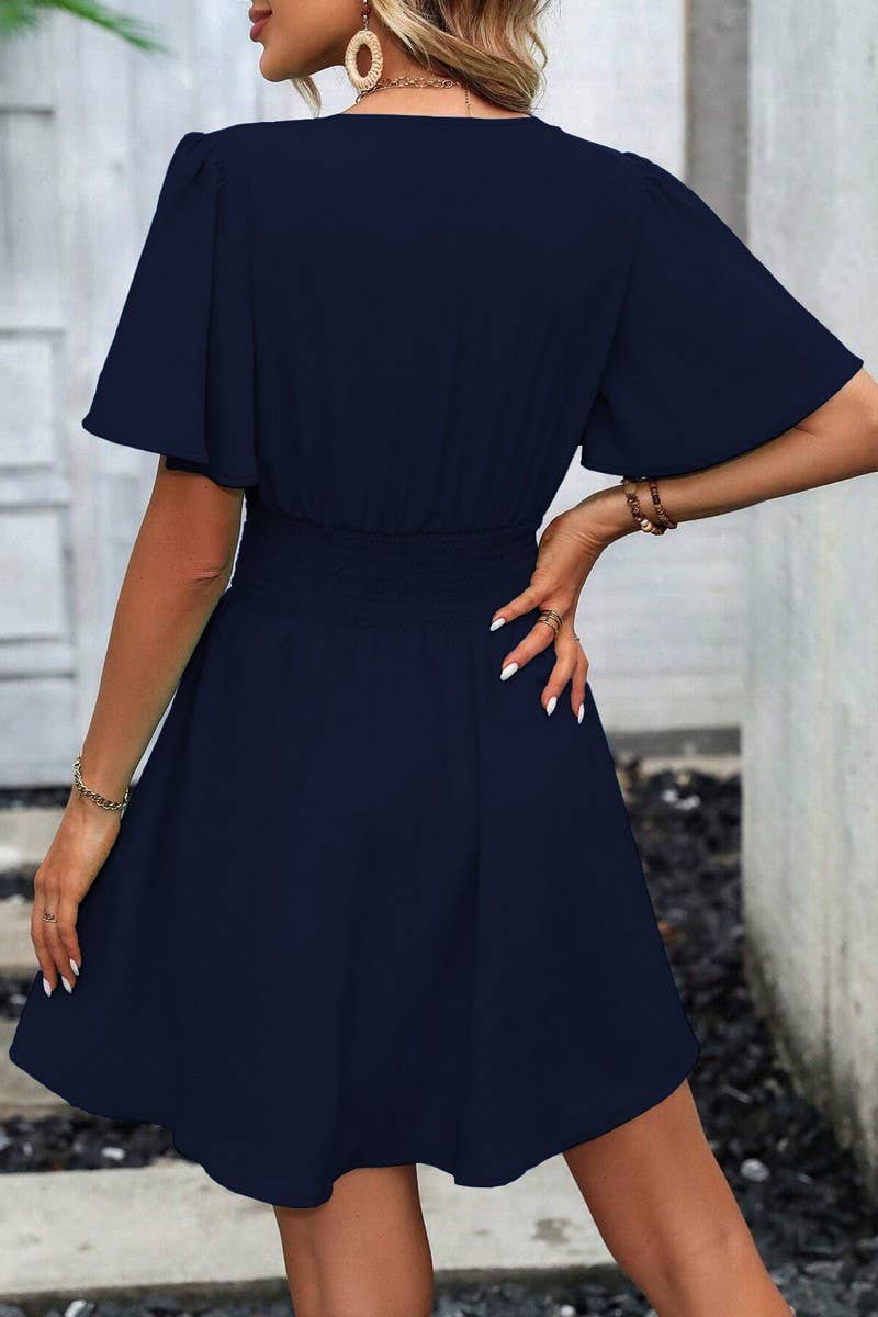 CWDSD7143_V-NECK LOTUS LEAF SLEEVE SOLID COLOR SKIRT DRESS