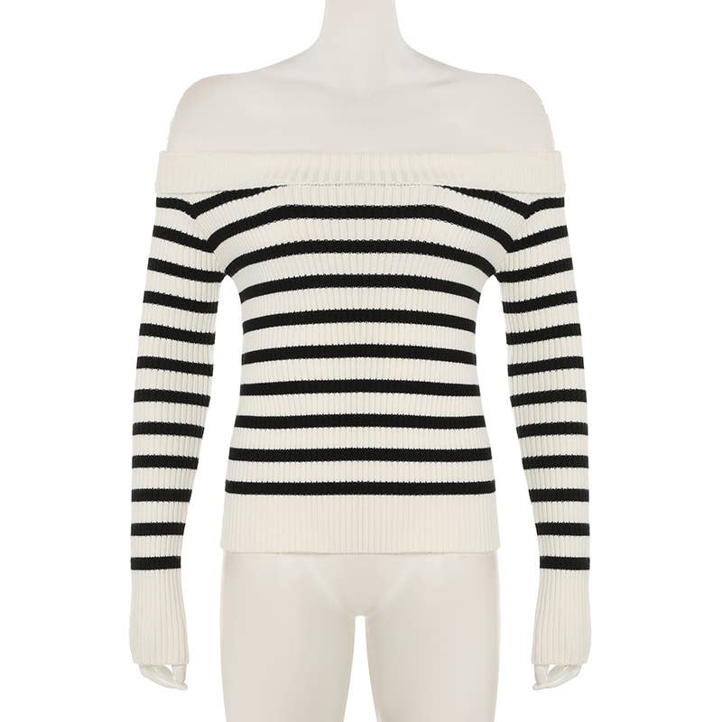 SLOUCHY SWEATER CONTRASTING LINE NECK AND STRIPES