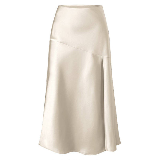 SATIN SKIRT HIGH WAIST ELASTIC SLIT LONG SKIRT