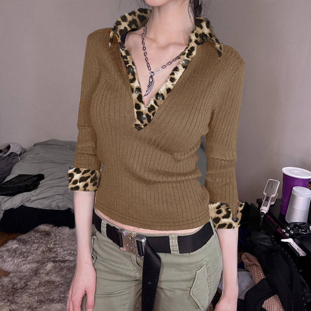 VINTAGE PATCHWORK LEOPARD POLO-NECK KNIT T-SHIRT