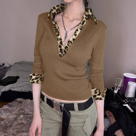 VINTAGE PATCHWORK LEOPARD POLO-NECK KNIT T-SHIRT