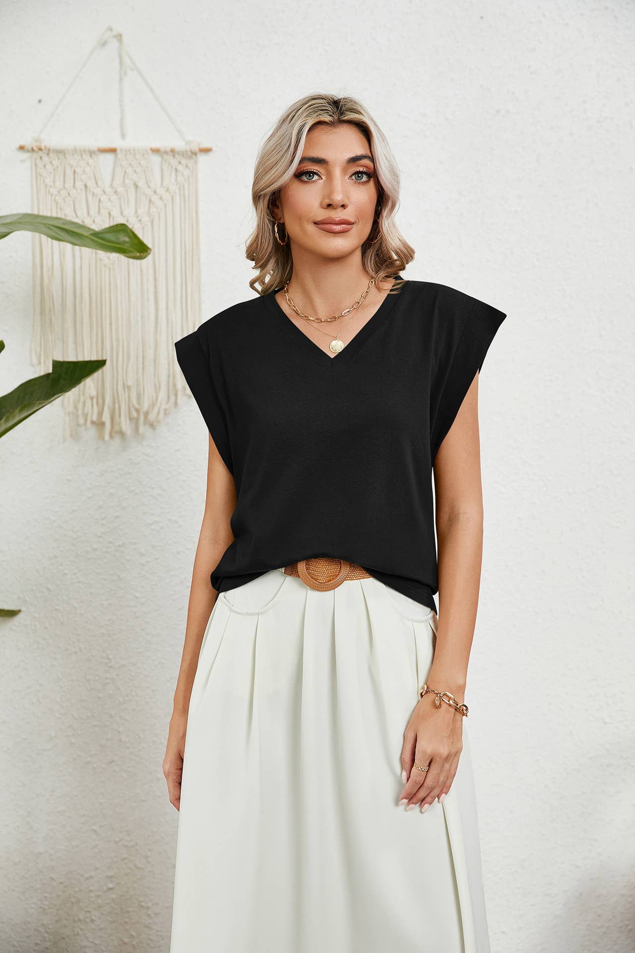 V-neck solid color T-shirt with rotator sleeves