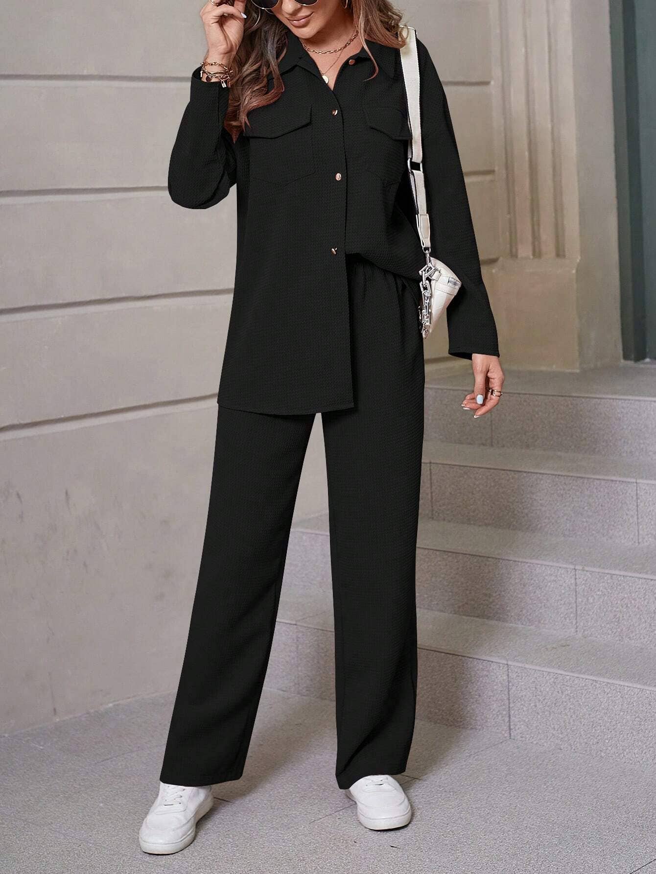 Waffle cardigan and trousers casual suit