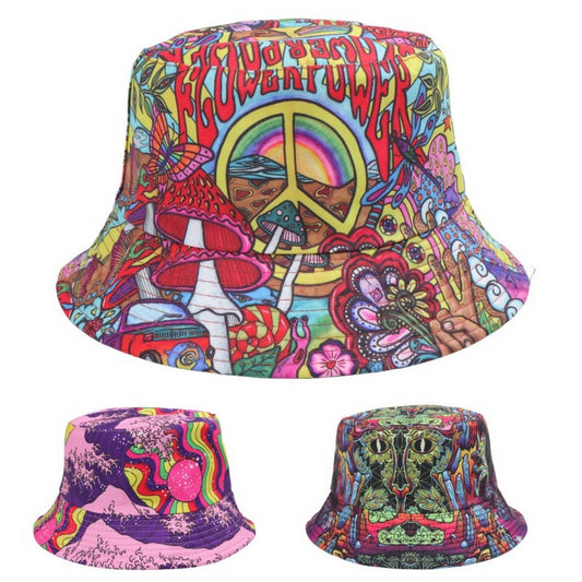 DOUBLE-SIDED VINTAGE GRAFFITI PRINT BUCKET HAT_CWAH1546