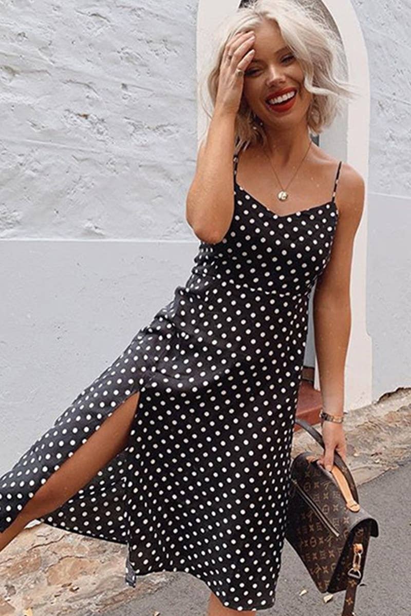 POLKA DOT PRINT HALTER STRAPPY SPLIT DRESS