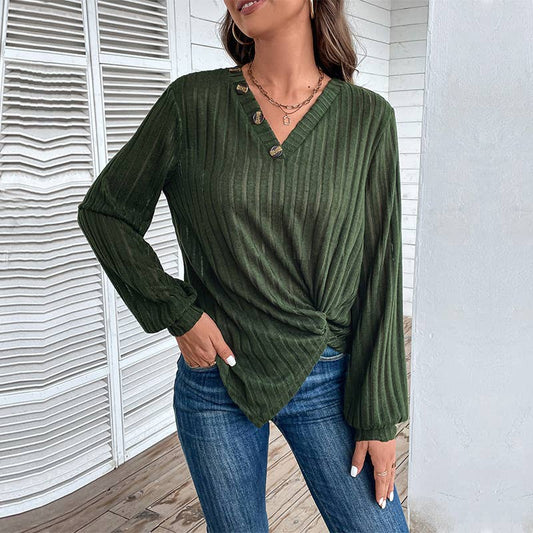 V-NECK TEXTURE SOLID COLOR PIT STRIP SWEATER