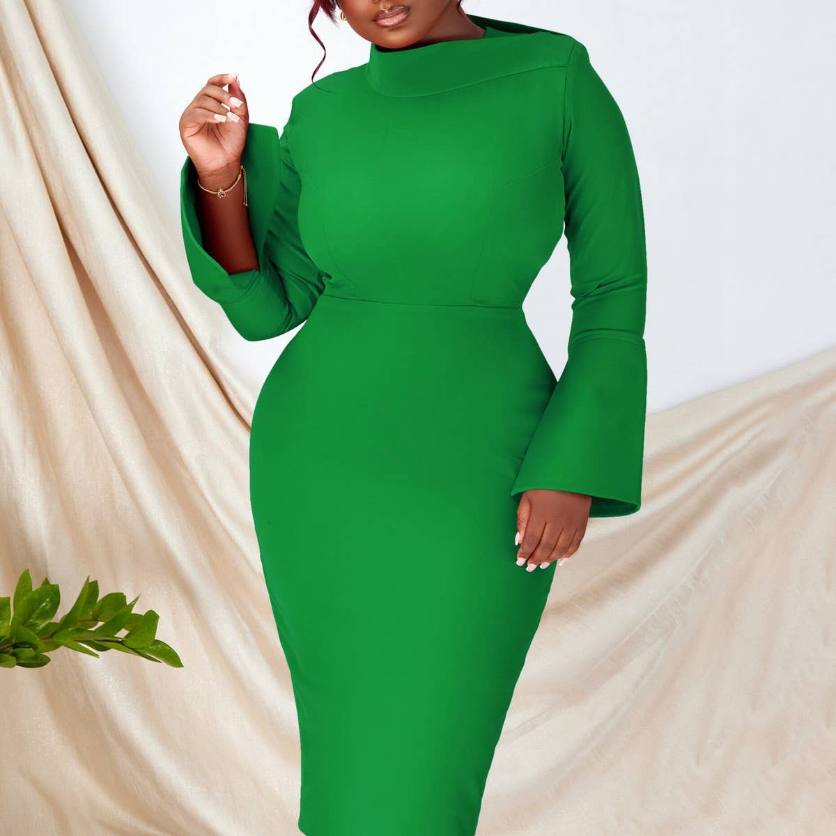 FASHION LONG SLEEVE OBLIQUE NECKSTRETCH KNIT DRESS_CWDMD3675