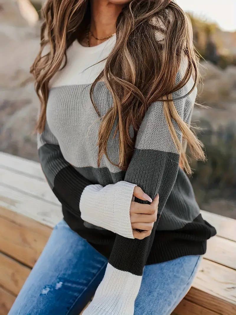STYLISH CREW-NECK MATCHING PULLOVER LOOSE KNIT