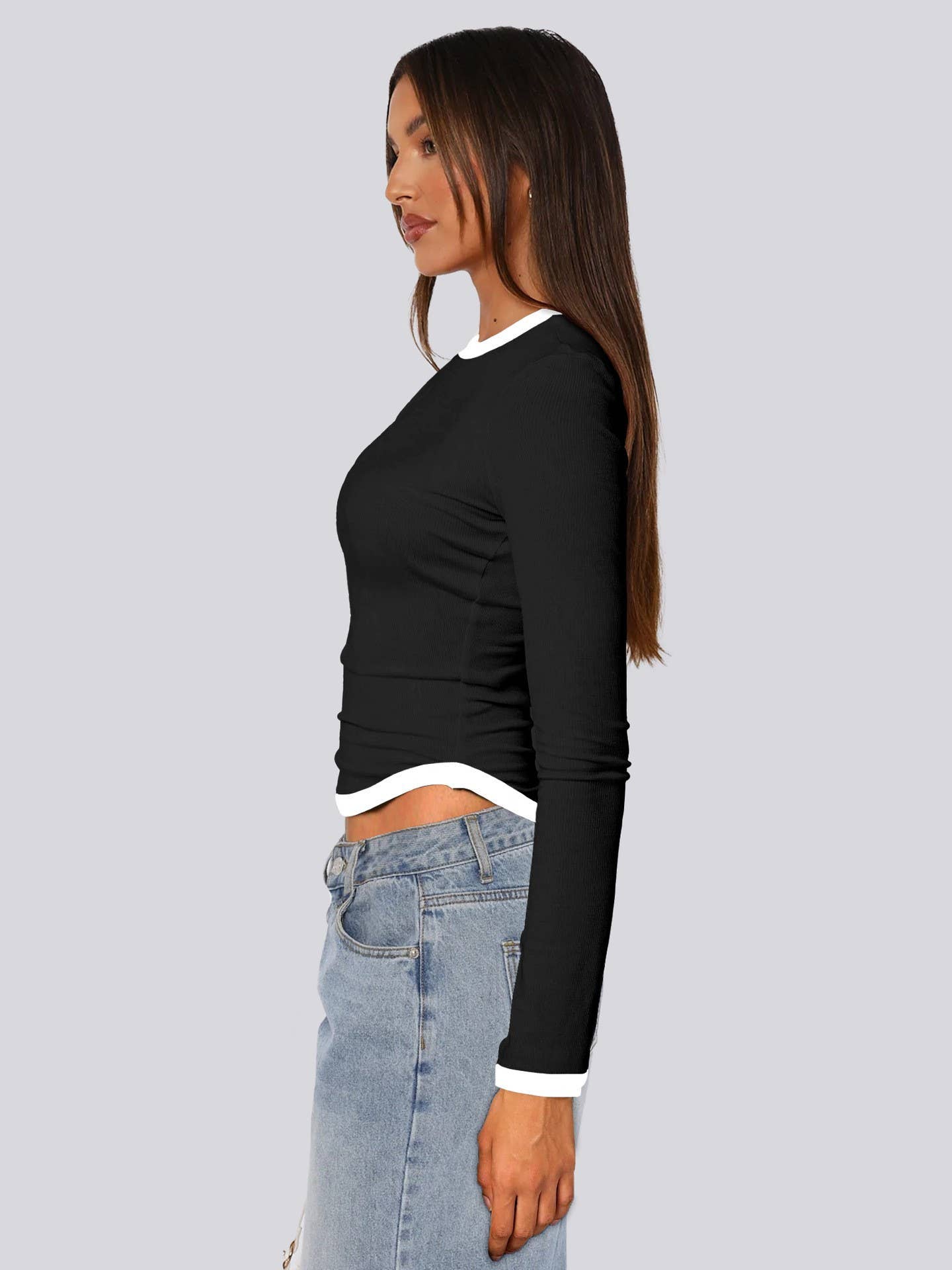 LONG SLEEVE ROUND NECK SLIM-FIT COLOR SHORT TOP