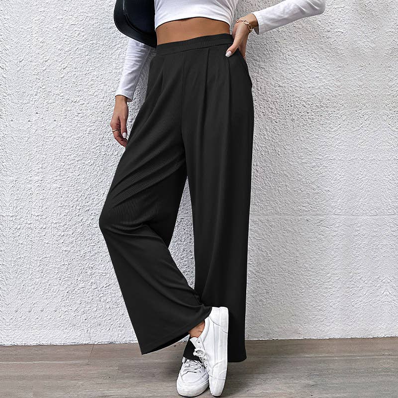 SOLID COLOR PIT STRIPE CASUAL WIDE-LEG PANTS