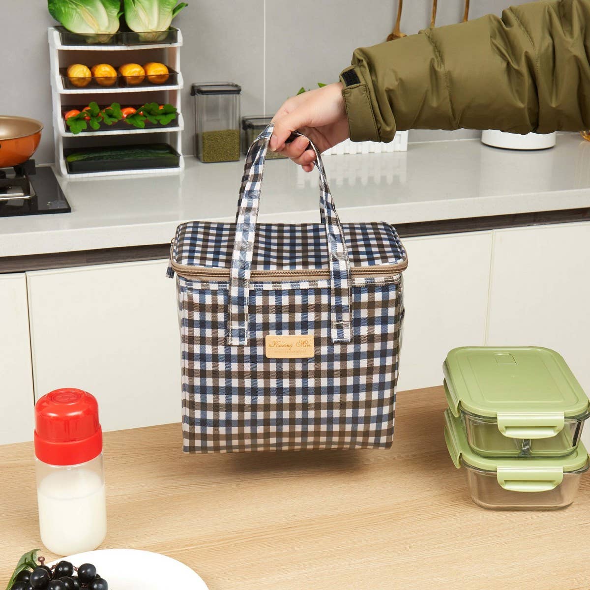 CHECKERED BENTO BAG LARGE CAPACITY CARRYING BAG_CWAB1728
