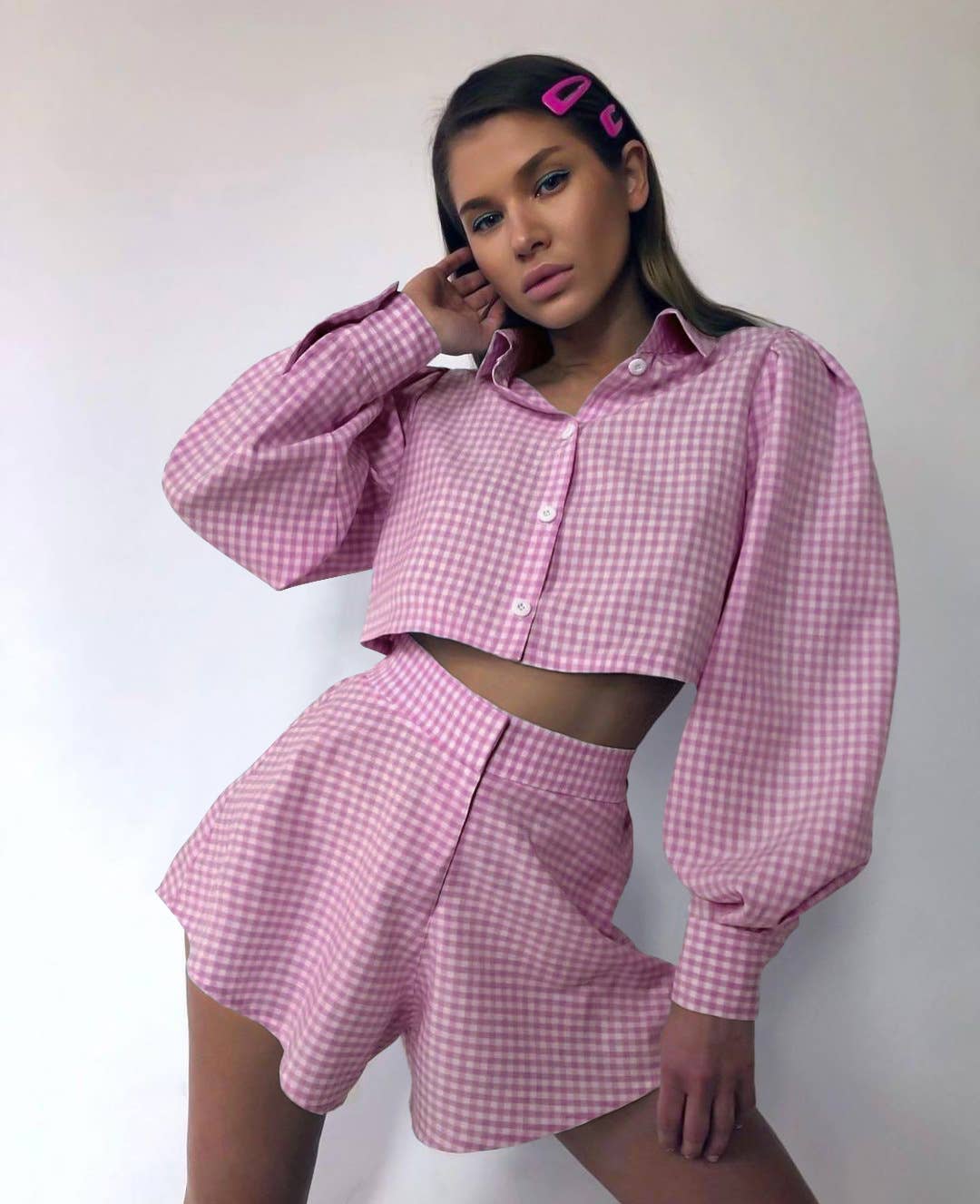 Plaid crop shirt & shorts two-piece set