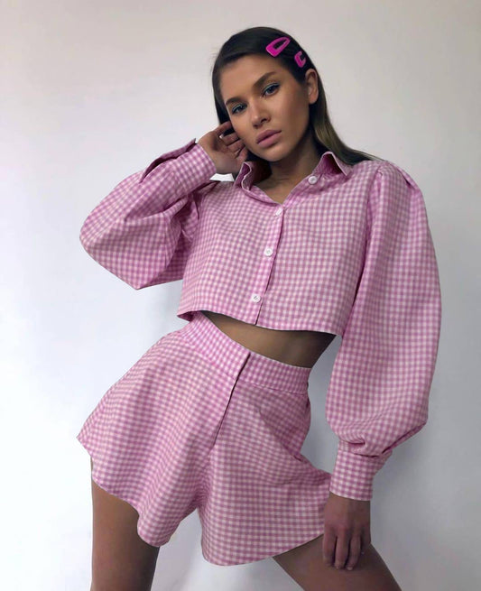 Plaid crop shirt & shorts two-piece set